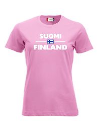 SUOMI-FINLAND "Lippu" Naisten T-paita pinkki valkoisella logolla
