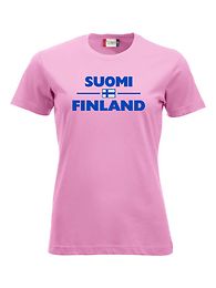 SUOMI-FINLAND "Lippu" Naisten T-paita pinkki sinisellä logolla