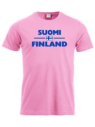 SUOMI-FINLAND "Lippu" Lasten T-paita pinkki sinisellä logolla